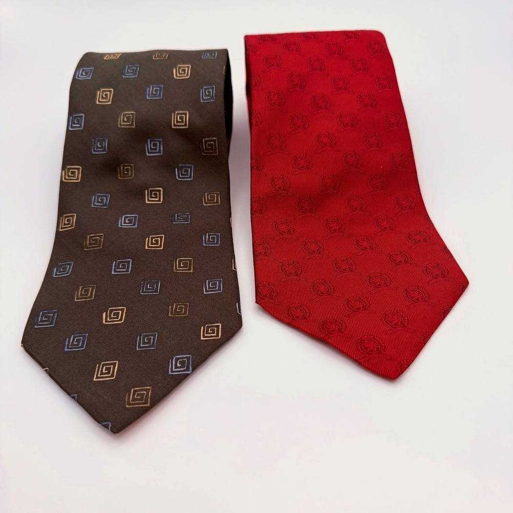Tommy Hilfiger Mens Silk Necktie Lot 2 Brown Geometric Red Crest Logo